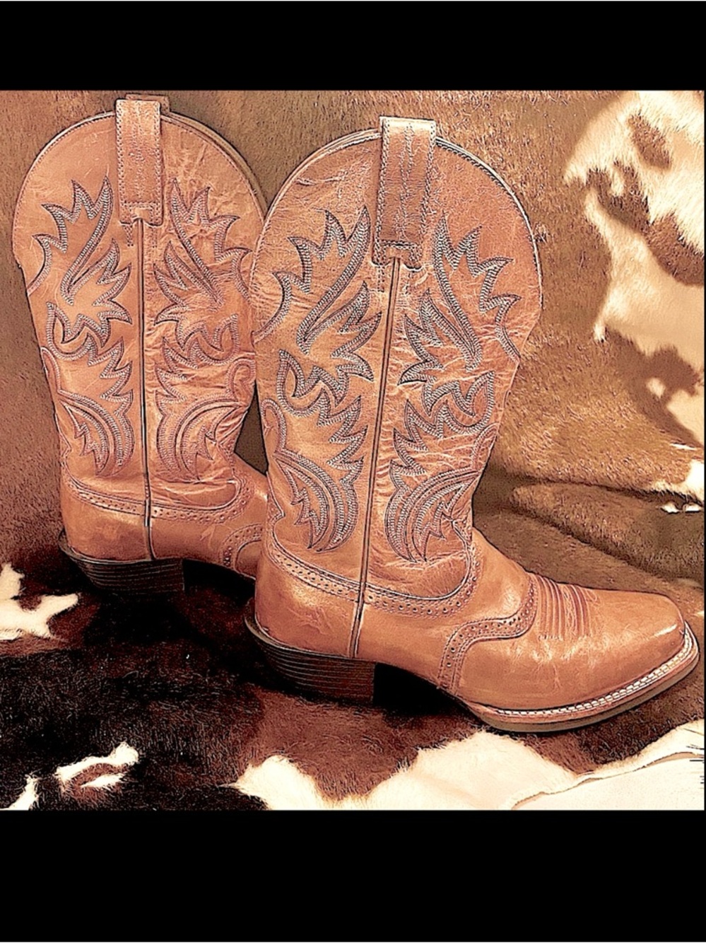 COWBOY BROWN BOOTS SQUARE TOE RIDING HEEL MEN 7D ARIAT SPUR SHELF  UNISEX